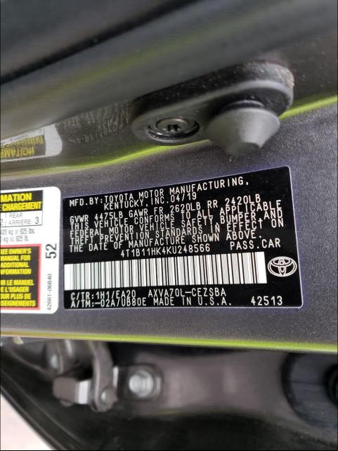 Photo 9 VIN: 4T1B11HK4KU248566 - TOYOTA CAMRY L 