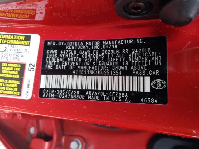 Photo 11 VIN: 4T1B11HK4KU251354 - TOYOTA CAMRY L 