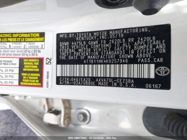 Photo 8 VIN: 4T1B11HK4KU257946 - TOYOTA CAMRY 