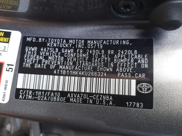 Photo 9 VIN: 4T1B11HK4KU266324 - TOYOTA CAMRY L 