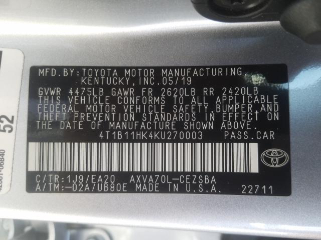 Photo 9 VIN: 4T1B11HK4KU270003 - TOYOTA CAMRY L 