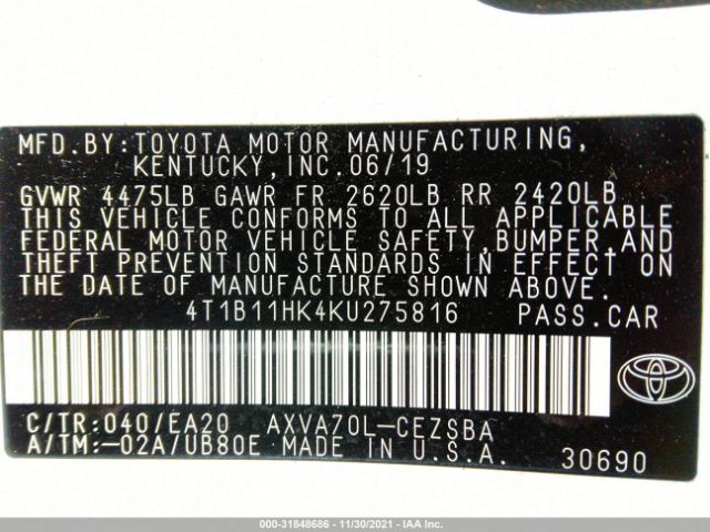 Photo 8 VIN: 4T1B11HK4KU275816 - TOYOTA CAMRY 