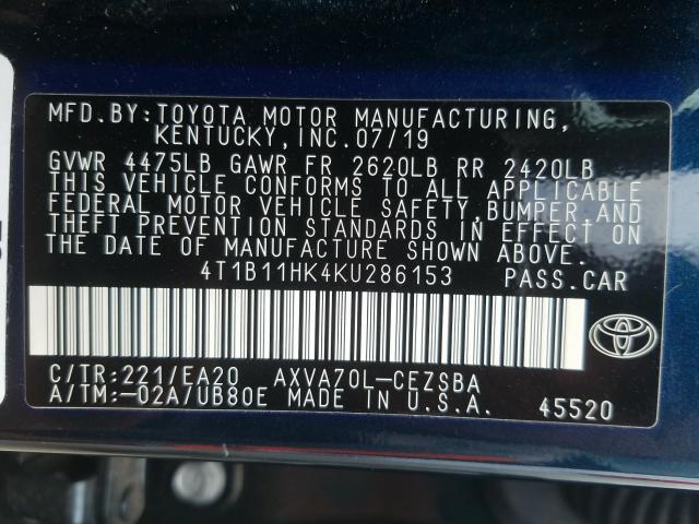 Photo 9 VIN: 4T1B11HK4KU286153 - TOYOTA CAMRY L 