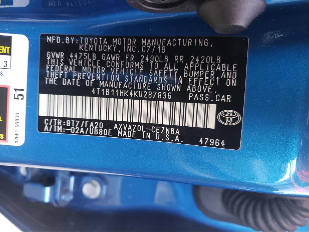 Photo 9 VIN: 4T1B11HK4KU287836 - TOYOTA CAMRY L 