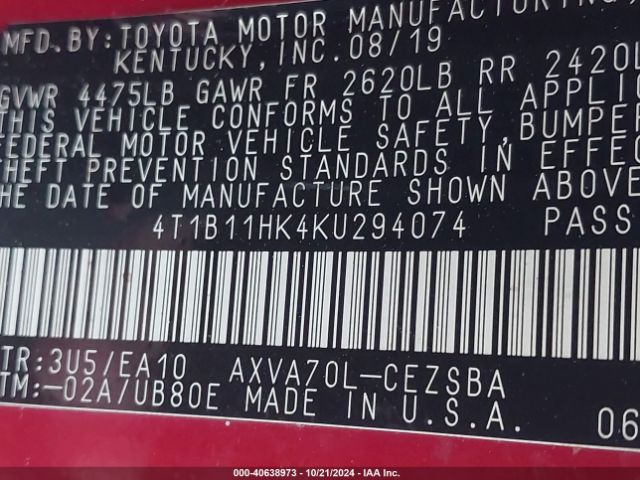 Photo 8 VIN: 4T1B11HK4KU294074 - TOYOTA CAMRY 