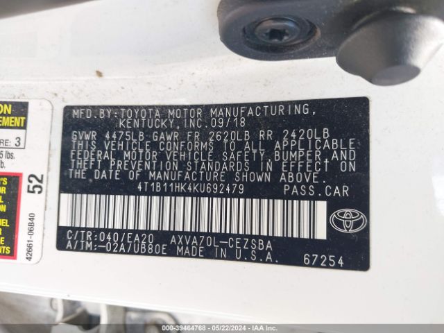 Photo 8 VIN: 4T1B11HK4KU692479 - TOYOTA CAMRY 