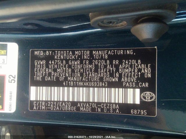 Photo 8 VIN: 4T1B11HK4KU693843 - TOYOTA CAMRY 