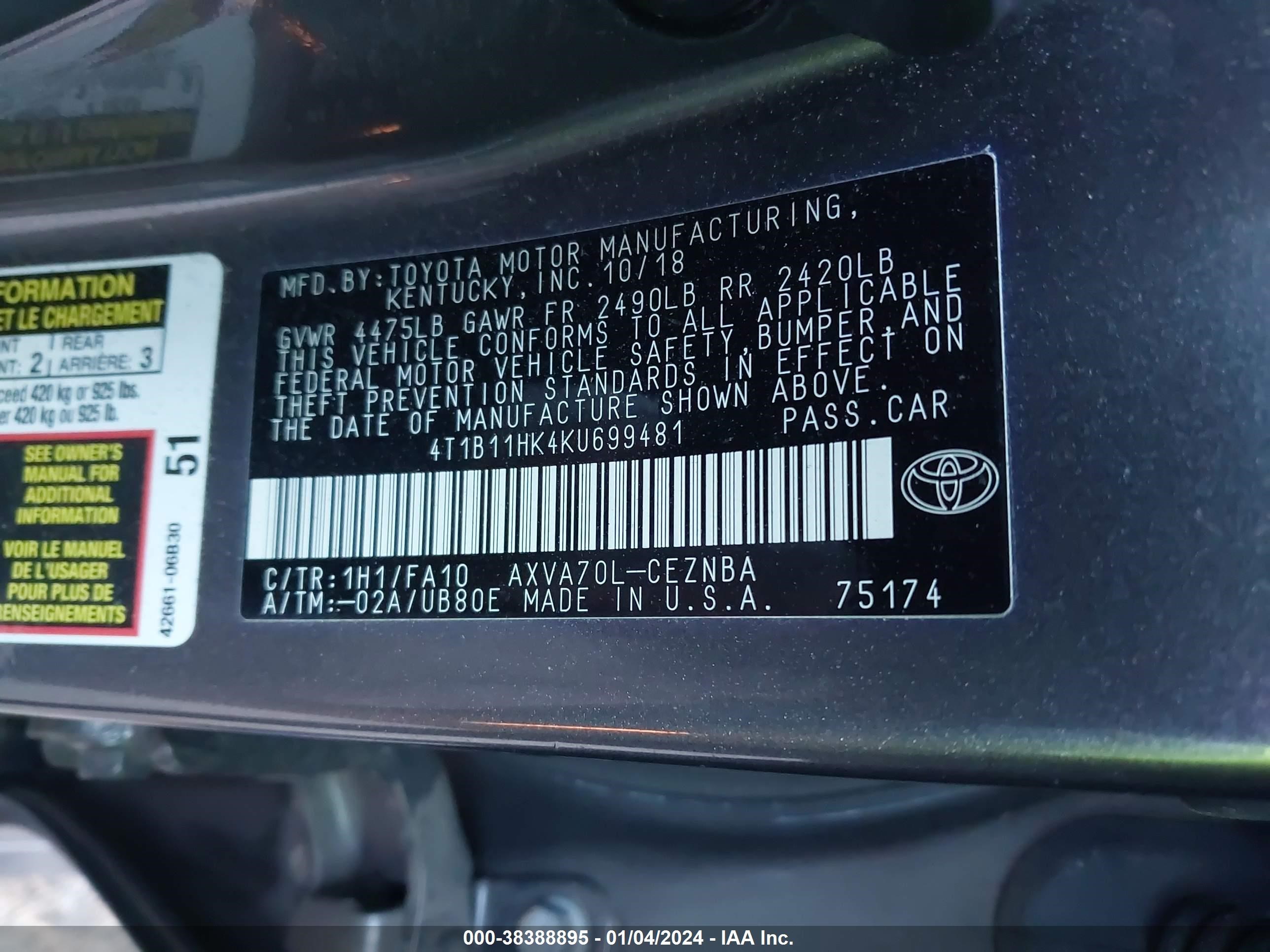 Photo 8 VIN: 4T1B11HK4KU699481 - TOYOTA CAMRY 