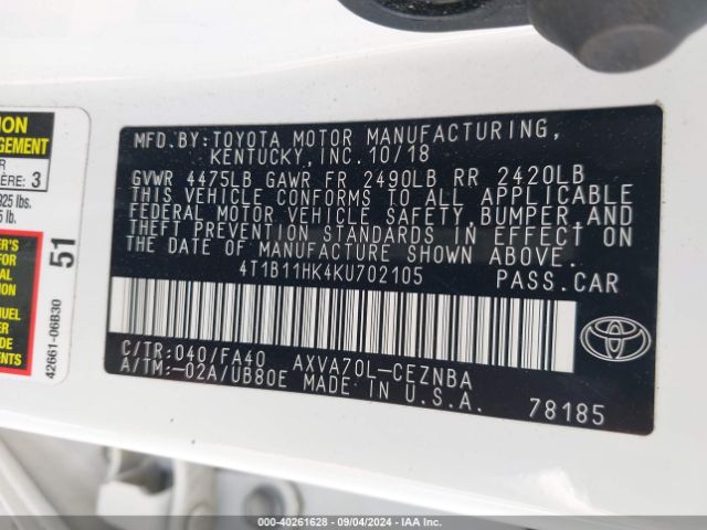 Photo 8 VIN: 4T1B11HK4KU702105 - TOYOTA CAMRY 