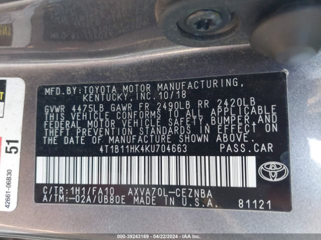 Photo 8 VIN: 4T1B11HK4KU704663 - TOYOTA CAMRY 