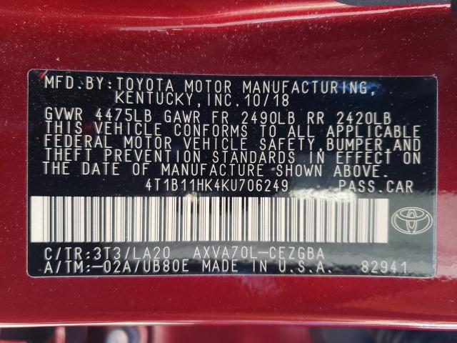 Photo 9 VIN: 4T1B11HK4KU706249 - TOYOTA CAMRY 