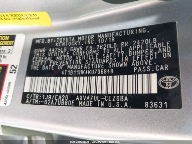 Photo 8 VIN: 4T1B11HK4KU706848 - TOYOTA CAMRY 