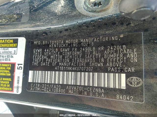 Photo 8 VIN: 4T1B11HK4KU707207 - TOYOTA CAMRY 