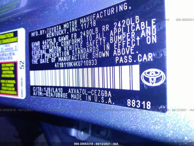 Photo 8 VIN: 4T1B11HK4KU710933 - TOYOTA CAMRY 