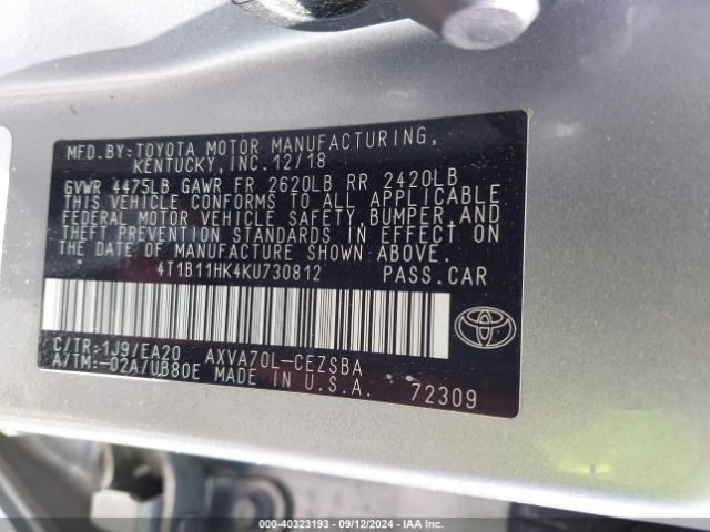 Photo 8 VIN: 4T1B11HK4KU730812 - TOYOTA CAMRY 