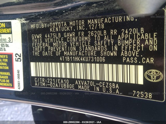 Photo 8 VIN: 4T1B11HK4KU731006 - TOYOTA CAMRY 