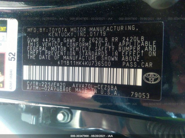 Photo 8 VIN: 4T1B11HK4KU736500 - TOYOTA CAMRY 