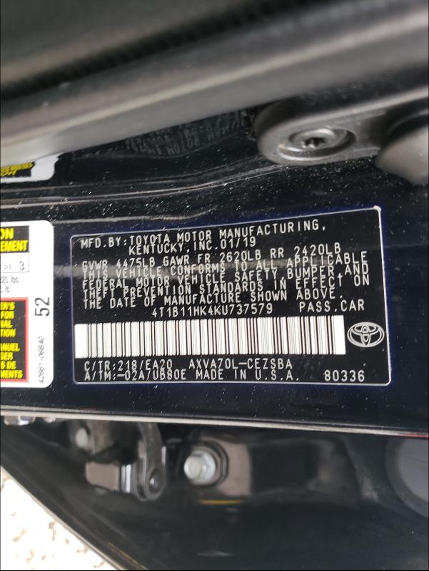 Photo 9 VIN: 4T1B11HK4KU737579 - TOYOTA CAMRY L 