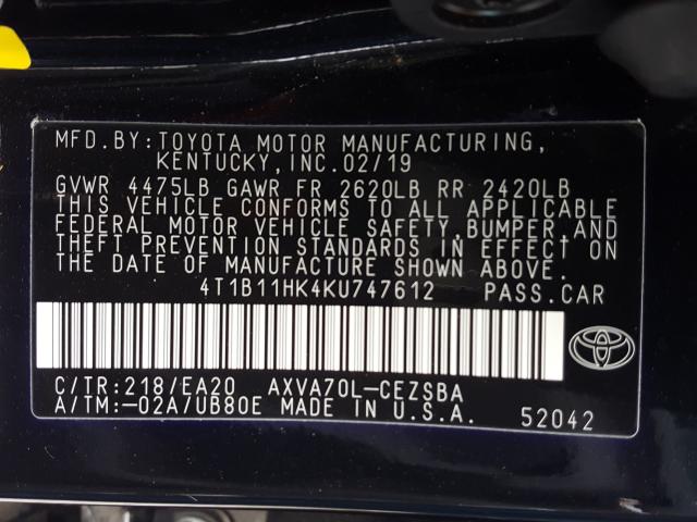 Photo 9 VIN: 4T1B11HK4KU747612 - TOYOTA CAMRY L 