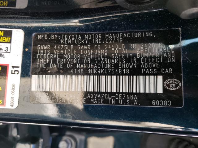 Photo 9 VIN: 4T1B11HK4KU754818 - TOYOTA CAMRY L 