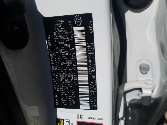 Photo 9 VIN: 4T1B11HK4KU757959 - TOYOTA CAMRY L 