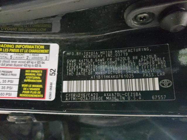 Photo 9 VIN: 4T1B11HK4KU761025 - TOYOTA CAMRY L 