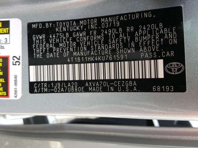 Photo 9 VIN: 4T1B11HK4KU761591 - TOYOTA CAMRY L 