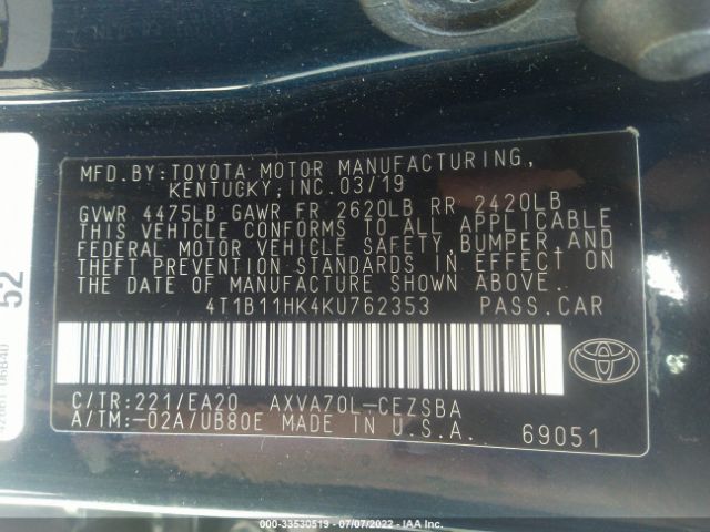 Photo 8 VIN: 4T1B11HK4KU762353 - TOYOTA CAMRY 