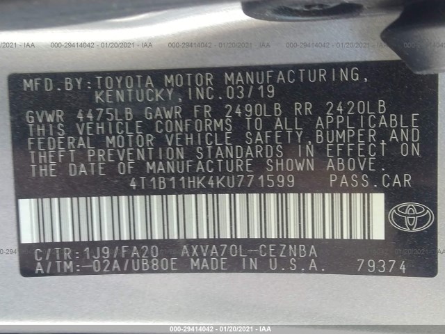 Photo 8 VIN: 4T1B11HK4KU771599 - TOYOTA CAMRY 