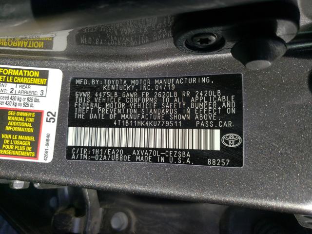 Photo 9 VIN: 4T1B11HK4KU779511 - TOYOTA CAMRY L 