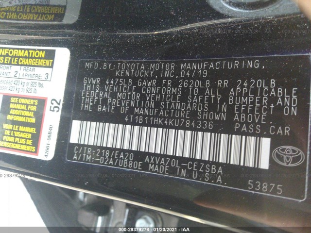 Photo 8 VIN: 4T1B11HK4KU784336 - TOYOTA CAMRY 