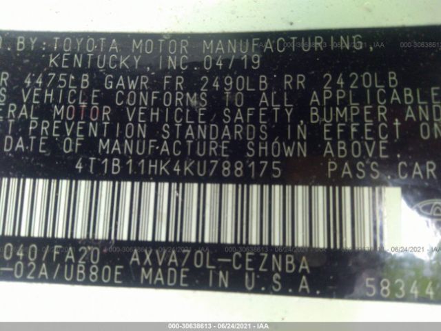 Photo 8 VIN: 4T1B11HK4KU788175 - TOYOTA CAMRY 