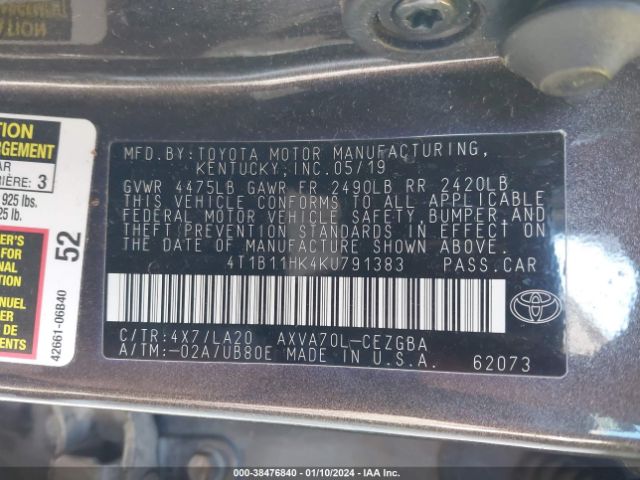 Photo 8 VIN: 4T1B11HK4KU791383 - TOYOTA CAMRY 