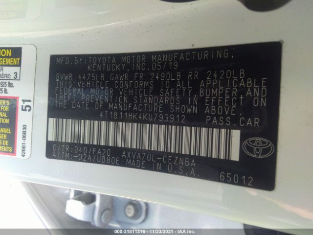 Photo 8 VIN: 4T1B11HK4KU793912 - TOYOTA CAMRY 