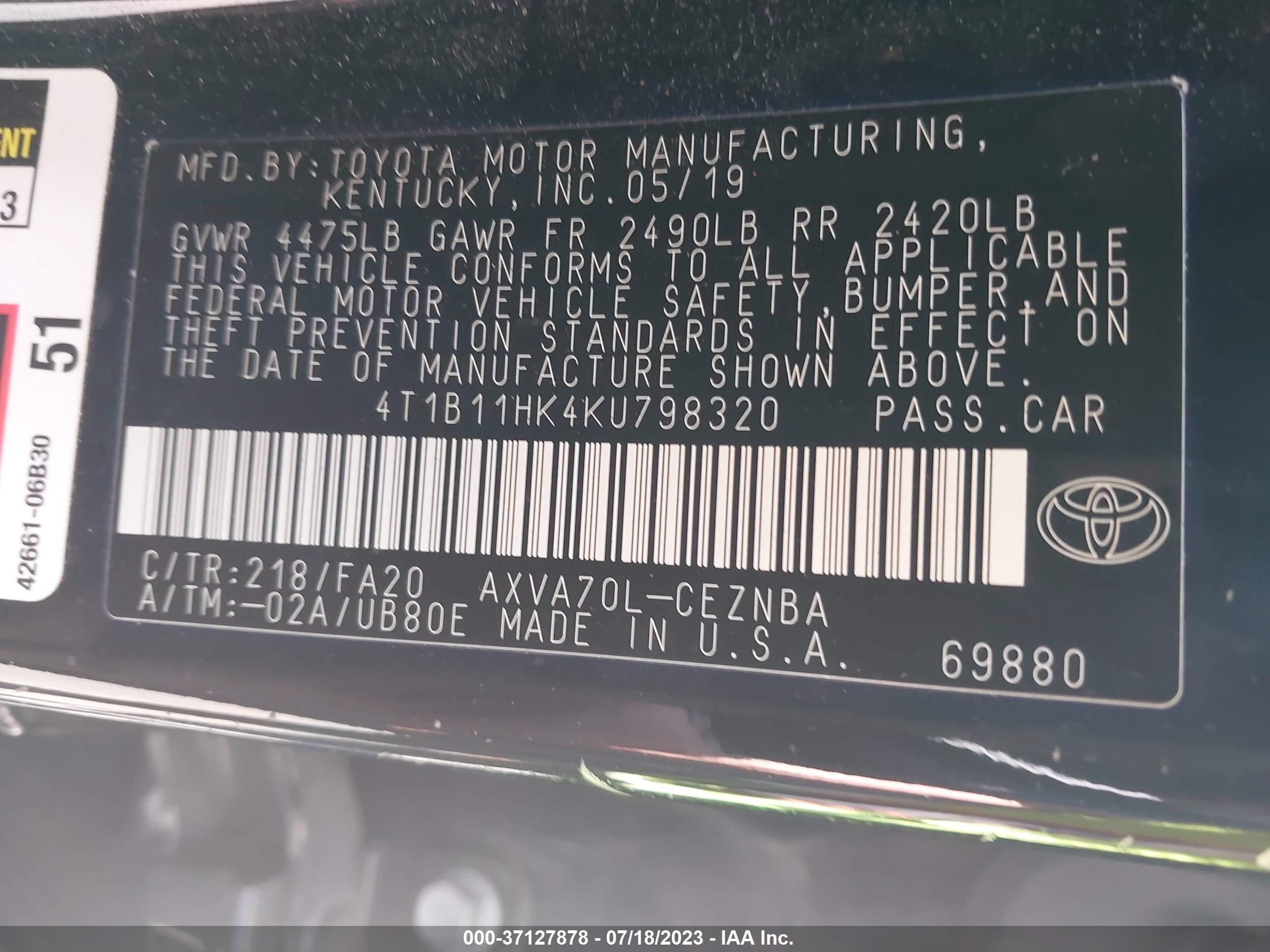 Photo 8 VIN: 4T1B11HK4KU798320 - TOYOTA CAMRY 