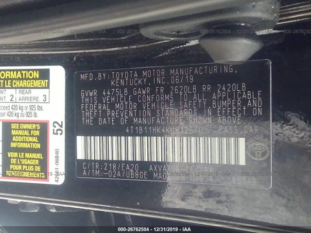 Photo 8 VIN: 4T1B11HK4KU812670 - TOYOTA CAMRY 