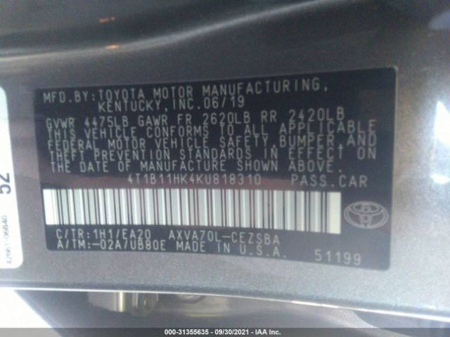 Photo 8 VIN: 4T1B11HK4KU818310 - TOYOTA CAMRY 