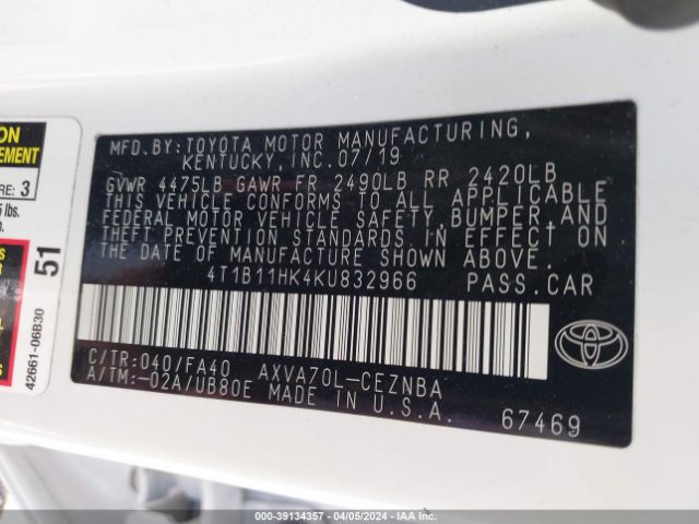 Photo 8 VIN: 4T1B11HK4KU832966 - TOYOTA CAMRY 