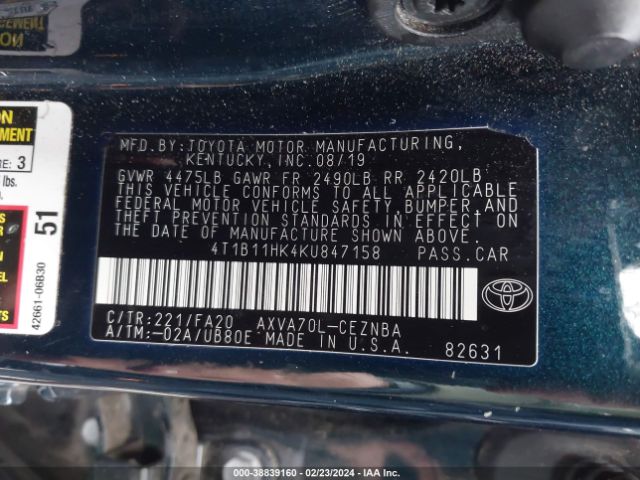 Photo 8 VIN: 4T1B11HK4KU847158 - TOYOTA CAMRY 