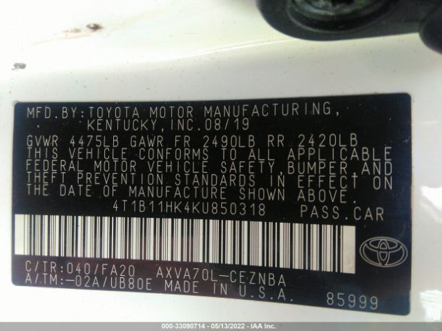 Photo 8 VIN: 4T1B11HK4KU850318 - TOYOTA CAMRY 