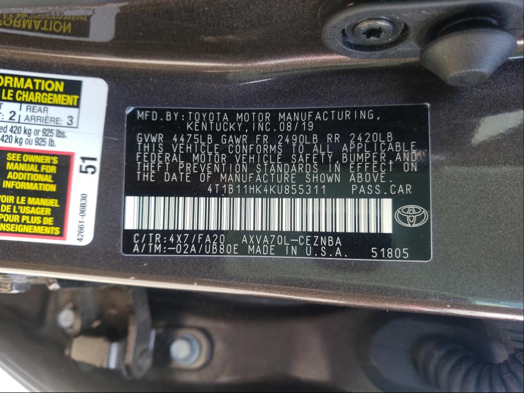 Photo 9 VIN: 4T1B11HK4KU855311 - TOYOTA CAMRY L 