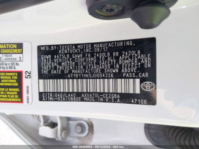 Photo 8 VIN: 4T1B11HK5JU004326 - TOYOTA CAMRY 