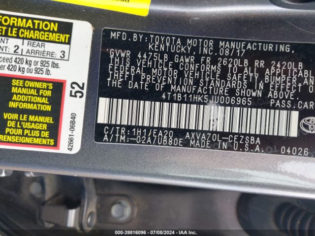 Photo 8 VIN: 4T1B11HK5JU006965 - TOYOTA CAMRY 