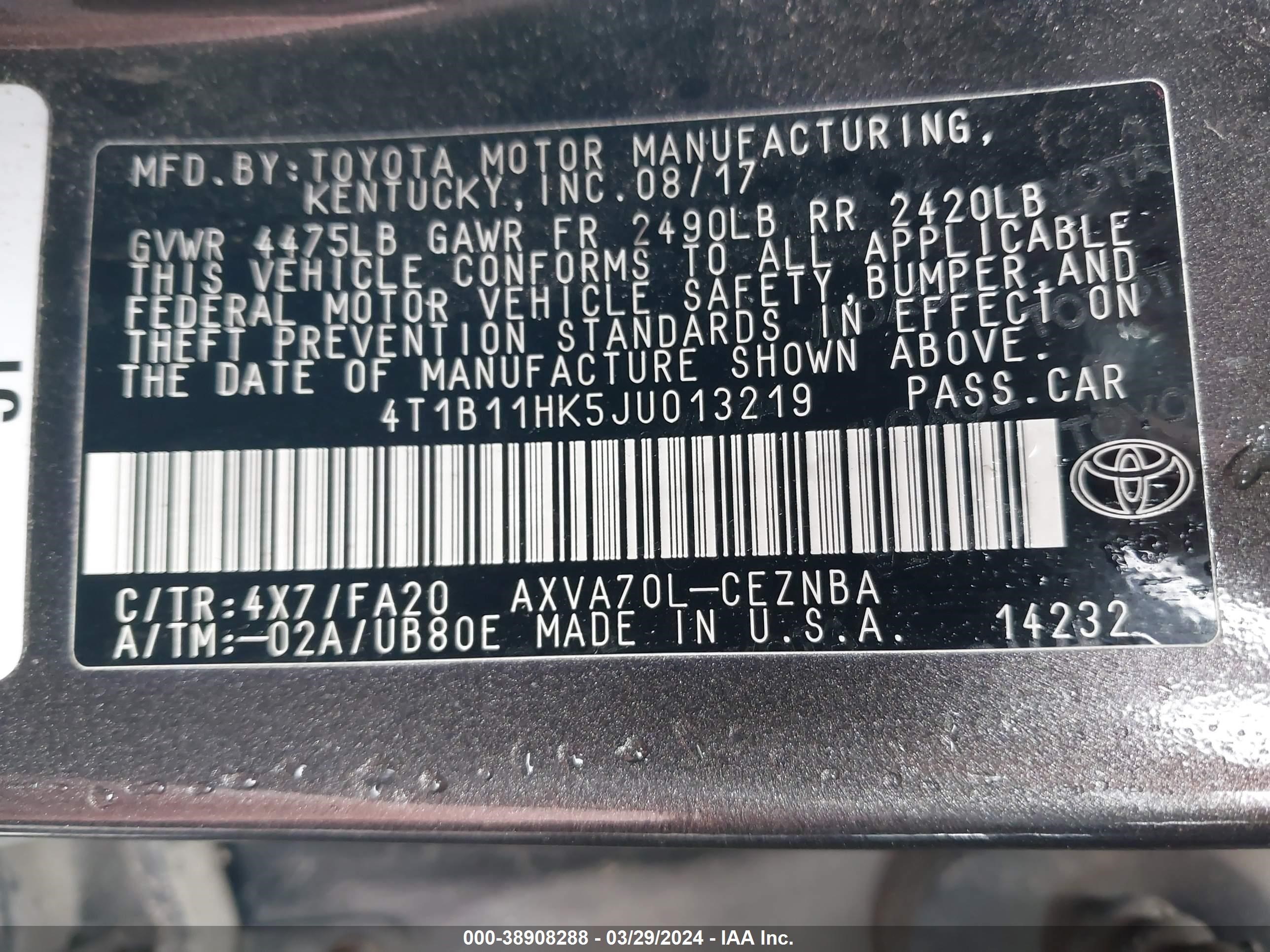 Photo 8 VIN: 4T1B11HK5JU013219 - TOYOTA CAMRY 