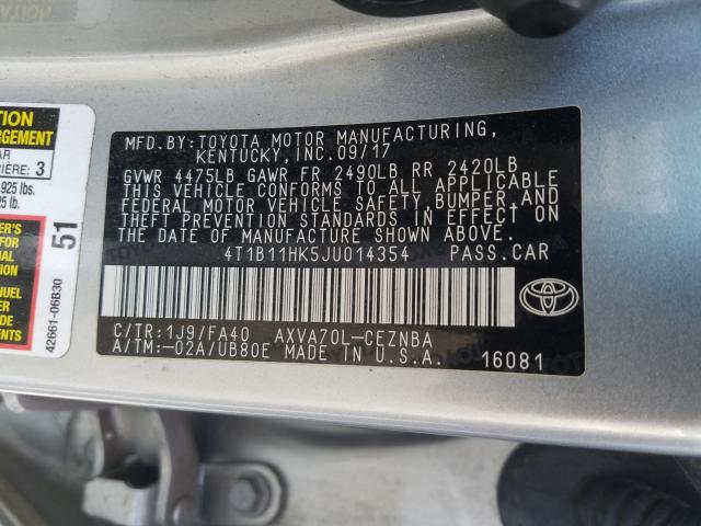 Photo 9 VIN: 4T1B11HK5JU014354 - TOYOTA CAMRY L 