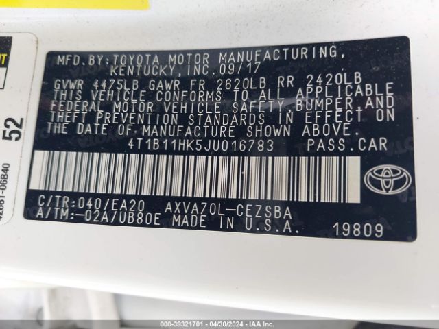 Photo 8 VIN: 4T1B11HK5JU016783 - TOYOTA CAMRY 