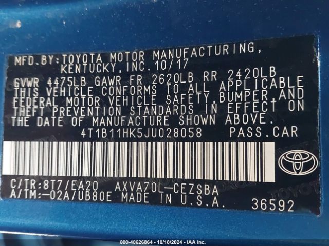 Photo 8 VIN: 4T1B11HK5JU028058 - TOYOTA CAMRY 