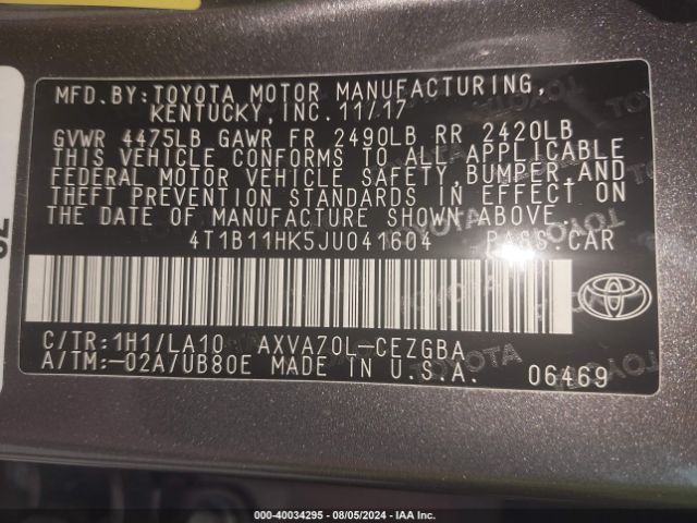 Photo 8 VIN: 4T1B11HK5JU041604 - TOYOTA CAMRY 