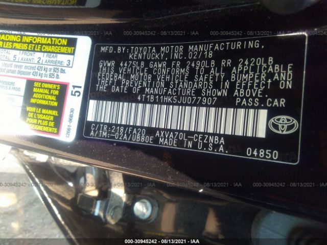 Photo 8 VIN: 4T1B11HK5JU077907 - TOYOTA CAMRY 