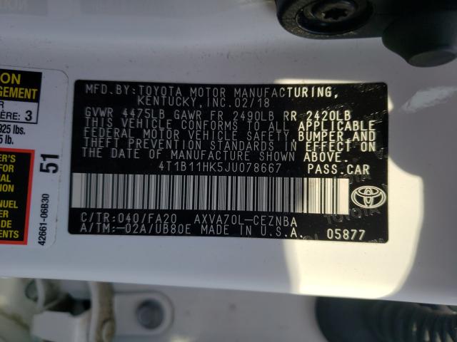 Photo 9 VIN: 4T1B11HK5JU078667 - TOYOTA CAMRY LE A 